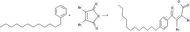 2, 5-Furandione, 3, 4-dibromo- can react with Dodecylbenzene to get 2, 3-Dibromo-4-(4-dodecyl-phenyl)-4-oxo-but-2-enoic acid.